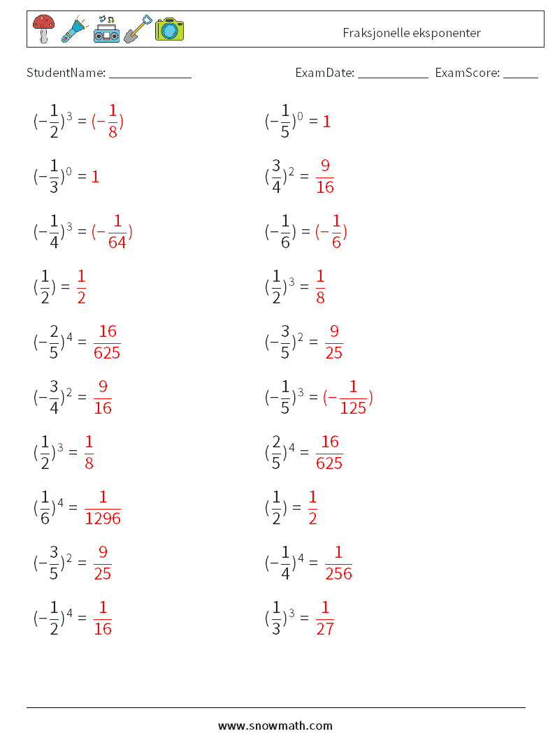 Fraksjonelle eksponenter MathWorksheets 1 QuestionAnswer