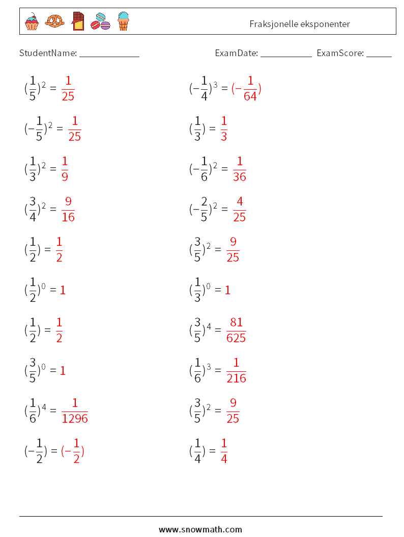 Fraksjonelle eksponenter MathWorksheets 2 QuestionAnswer