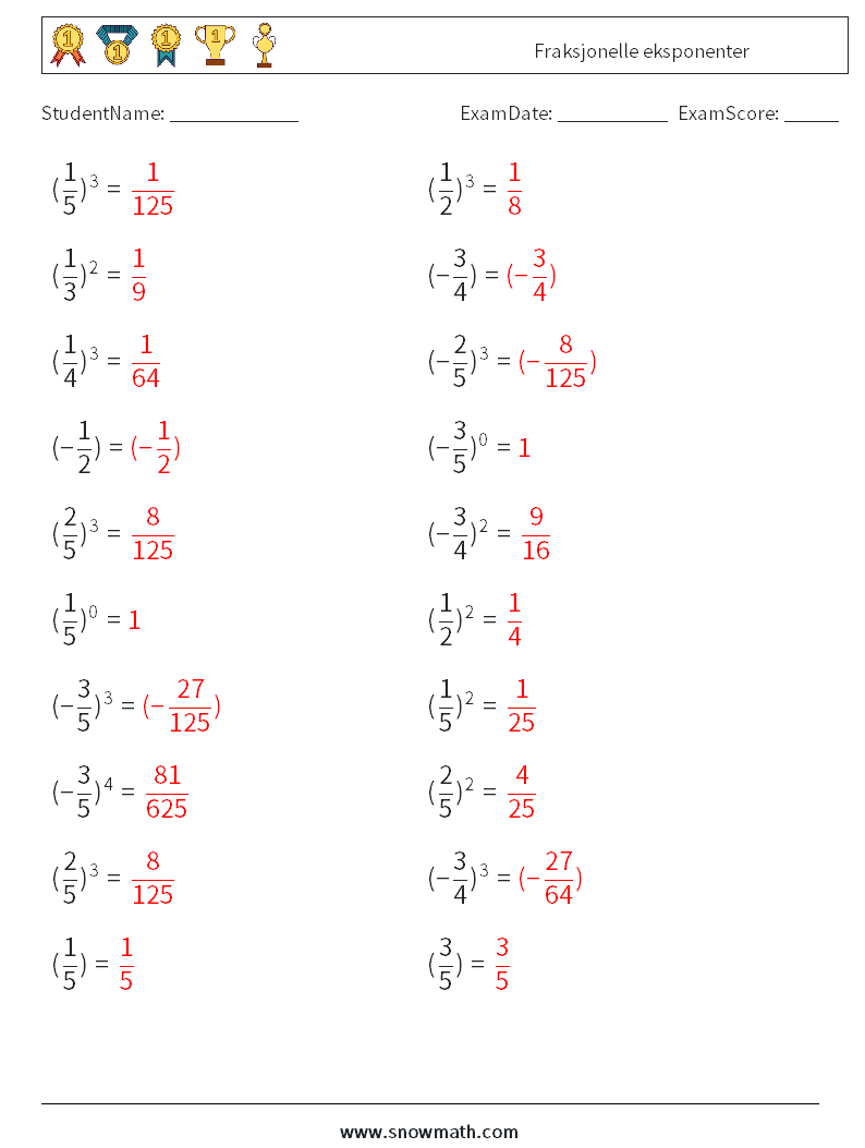 Fraksjonelle eksponenter MathWorksheets 3 QuestionAnswer