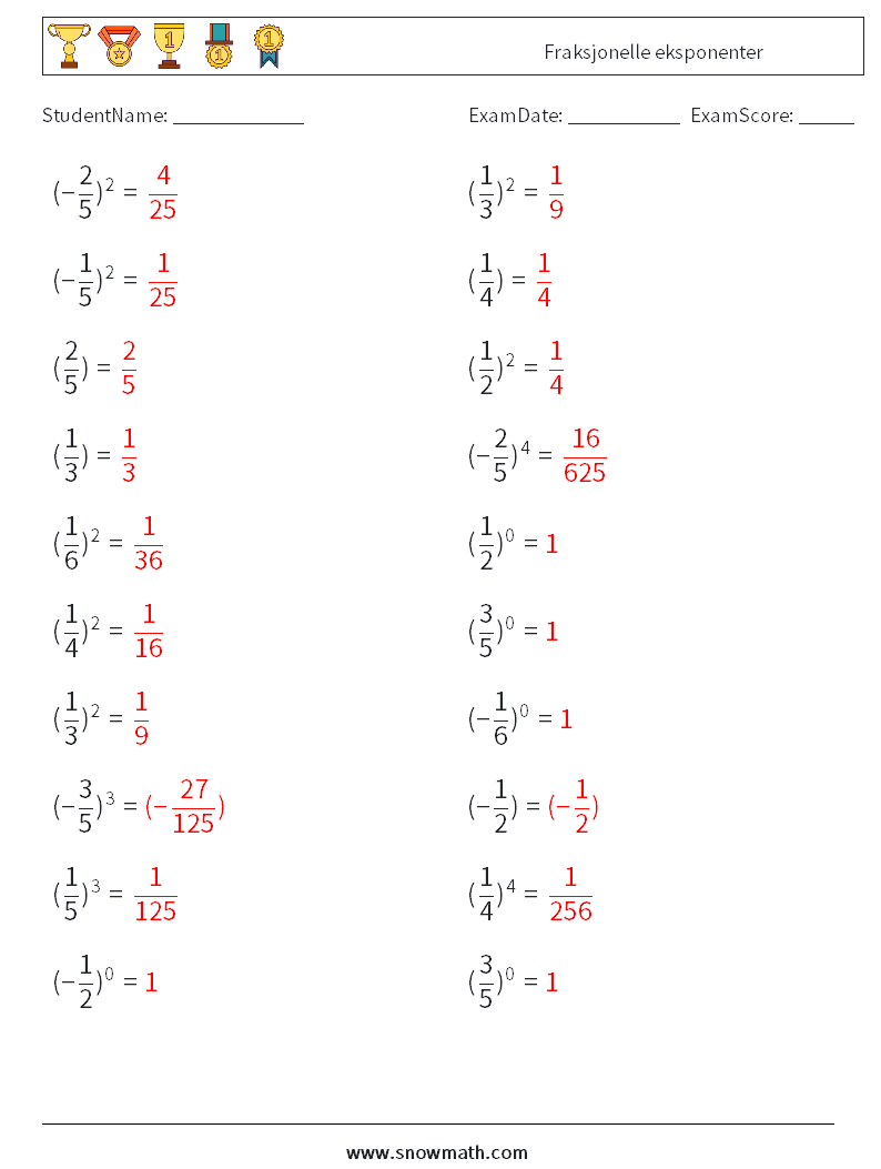 Fraksjonelle eksponenter MathWorksheets 4 QuestionAnswer