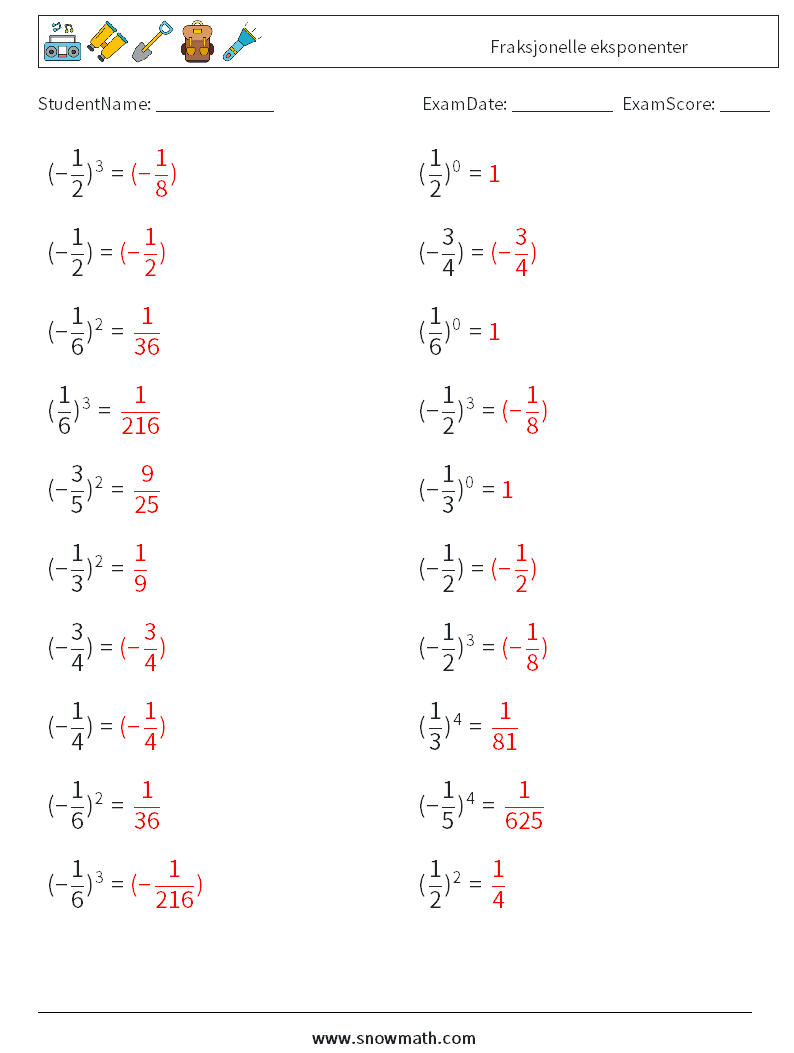 Fraksjonelle eksponenter MathWorksheets 5 QuestionAnswer