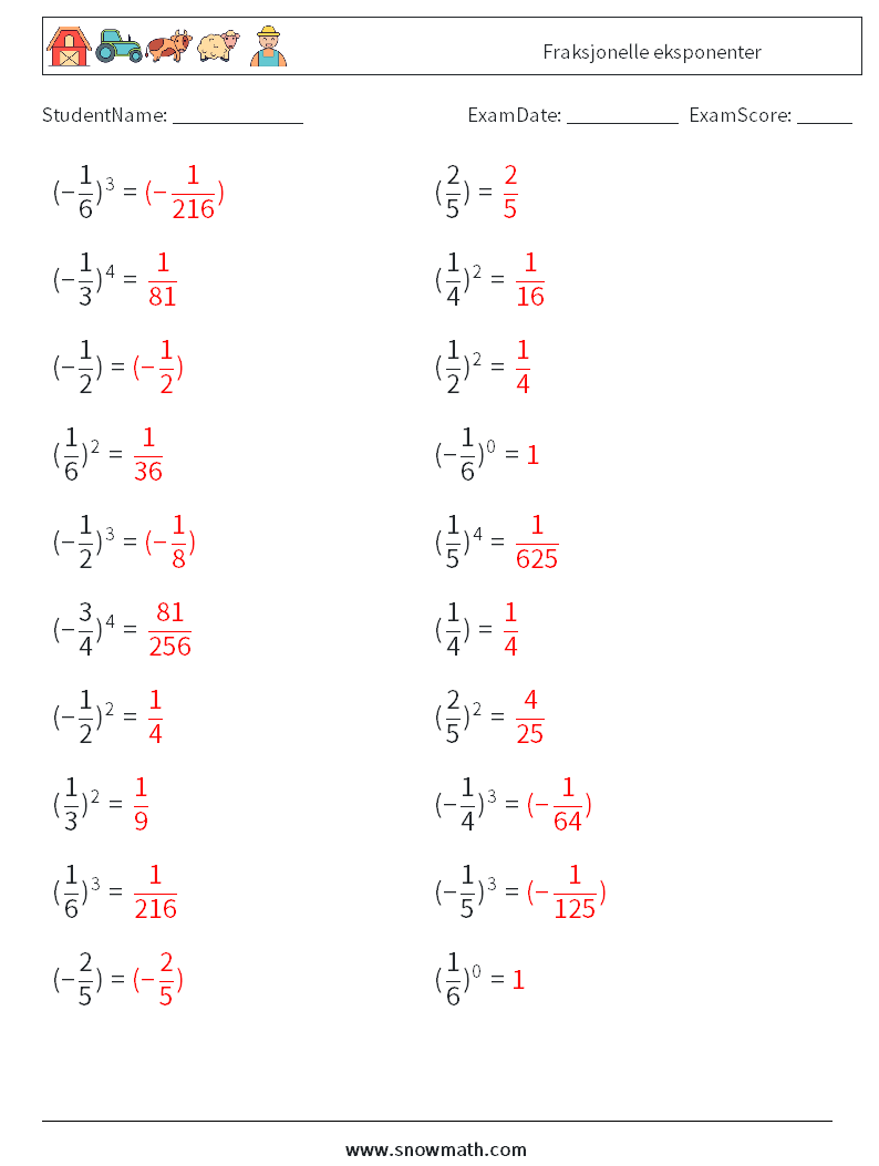 Fraksjonelle eksponenter MathWorksheets 6 QuestionAnswer