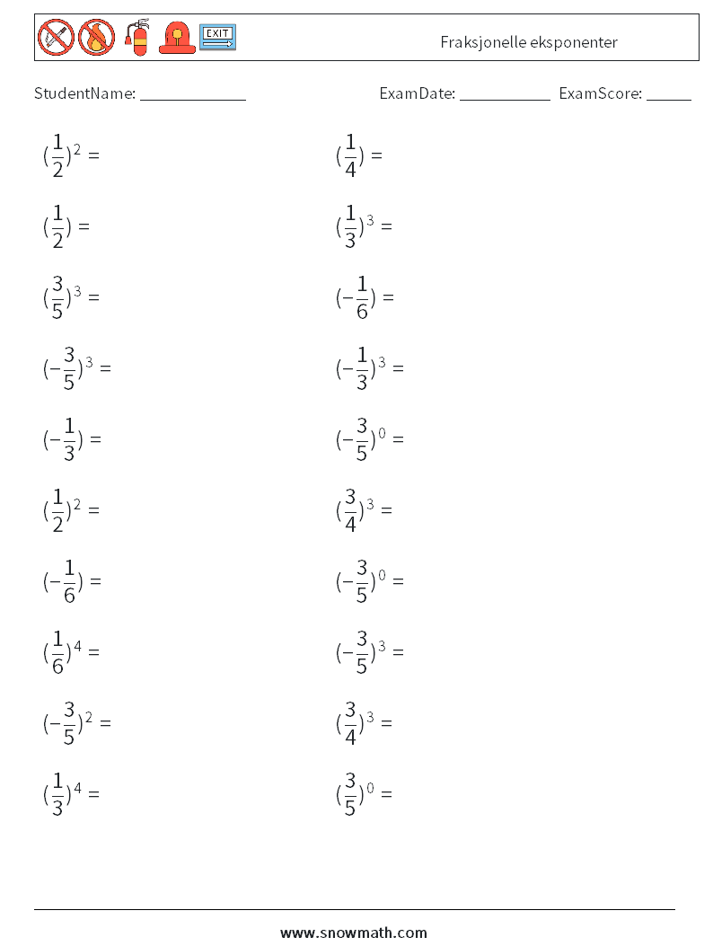 Fraksjonelle eksponenter MathWorksheets 8