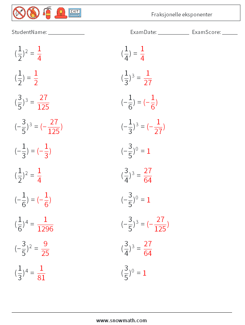 Fraksjonelle eksponenter MathWorksheets 8 QuestionAnswer