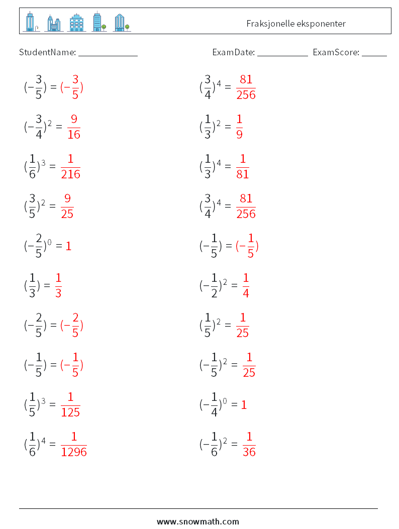 Fraksjonelle eksponenter MathWorksheets 9 QuestionAnswer