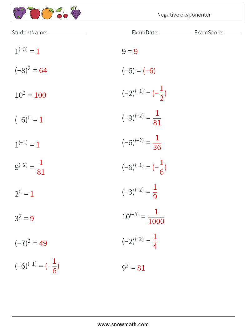  Negative eksponenter MathWorksheets 2 QuestionAnswer