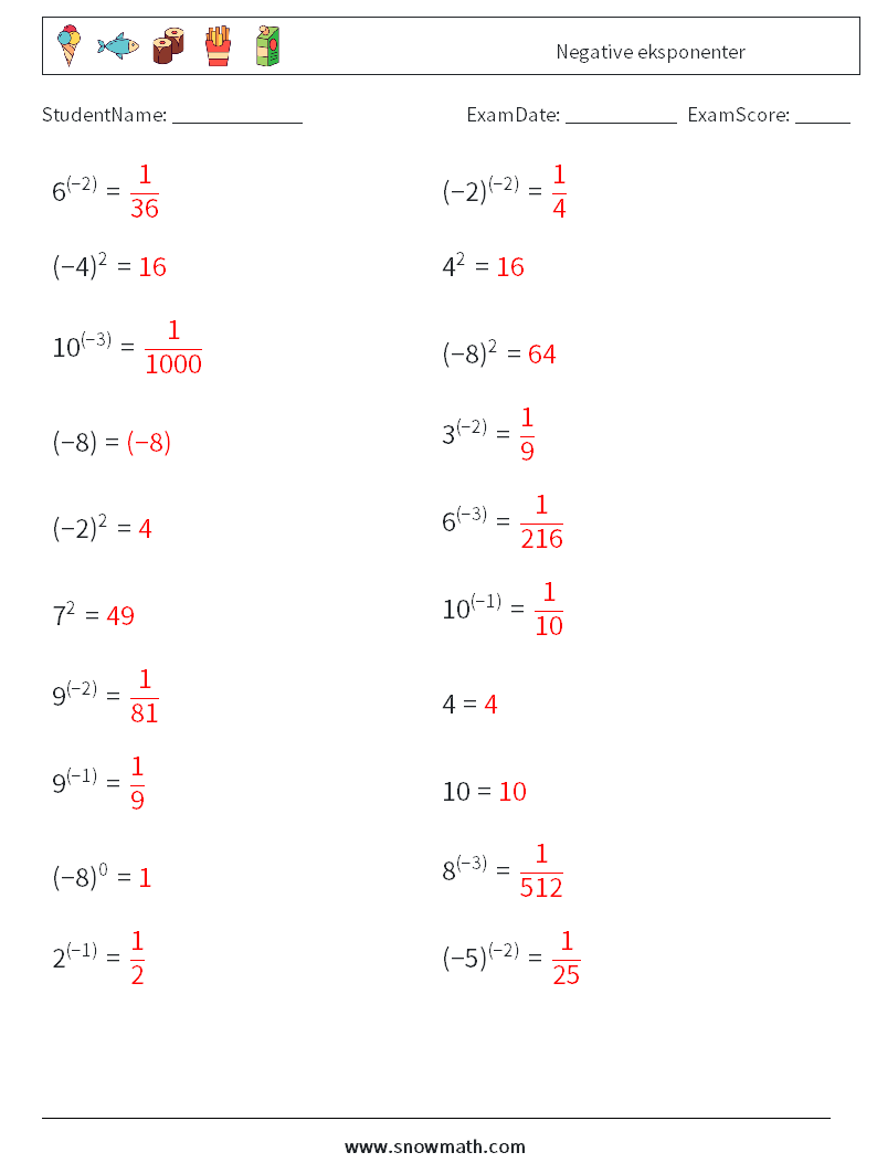  Negative eksponenter MathWorksheets 4 QuestionAnswer