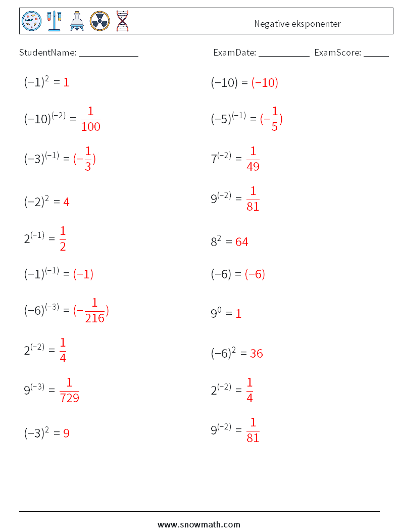  Negative eksponenter MathWorksheets 6 QuestionAnswer