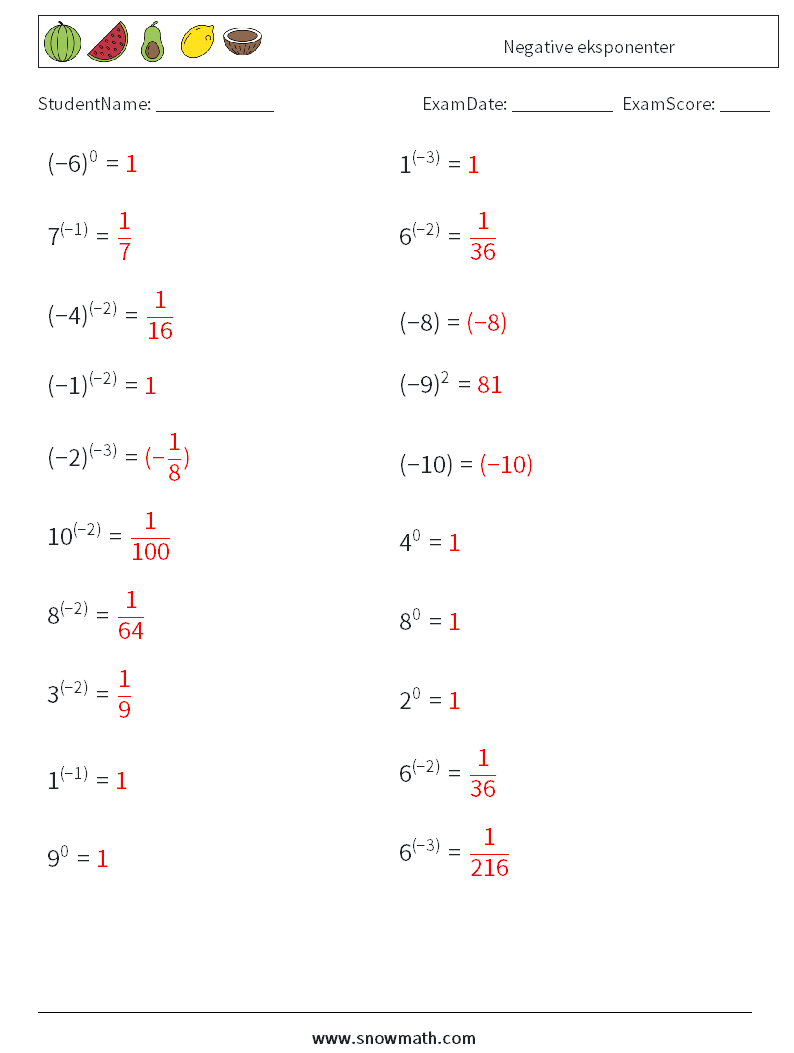  Negative eksponenter MathWorksheets 8 QuestionAnswer