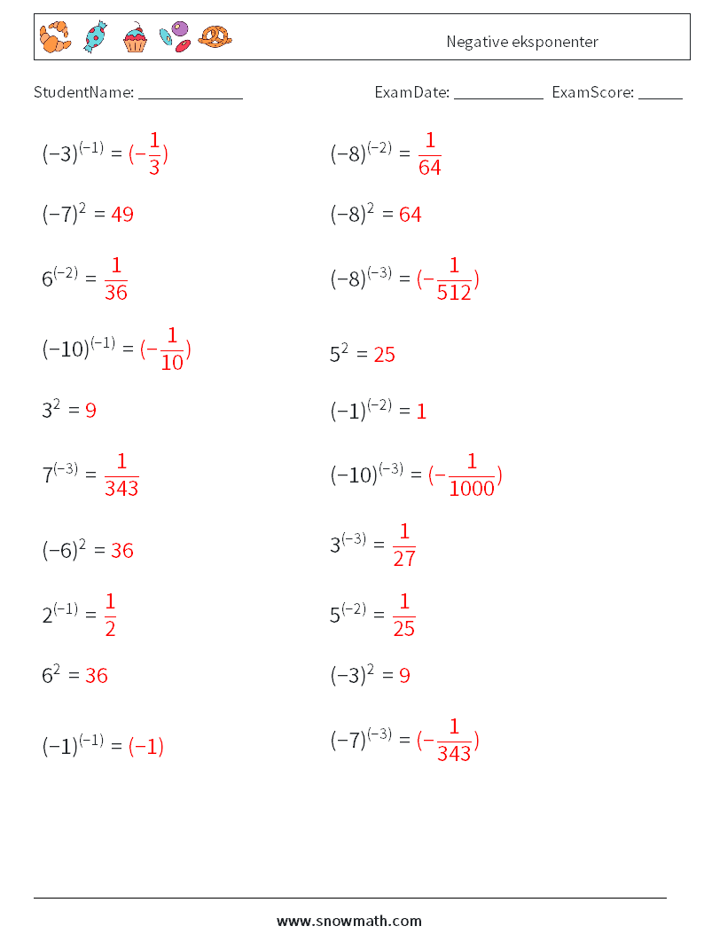  Negative eksponenter MathWorksheets 9 QuestionAnswer