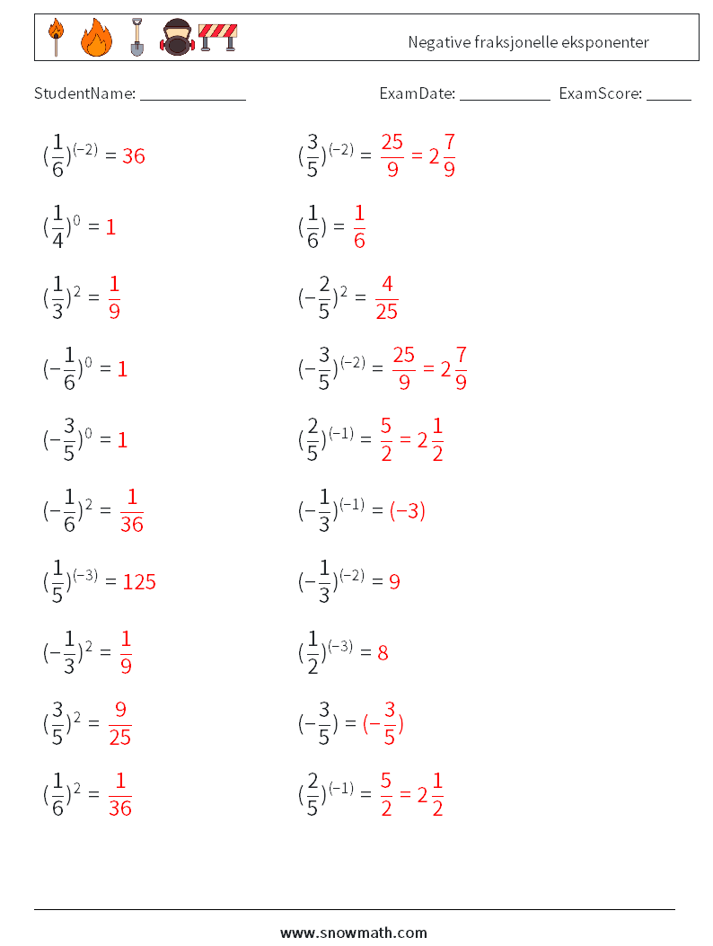 Negative fraksjonelle eksponenter MathWorksheets 2 QuestionAnswer