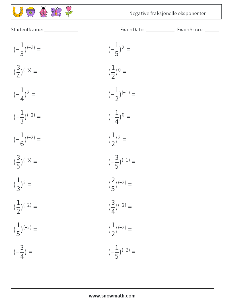 Negative fraksjonelle eksponenter MathWorksheets 3