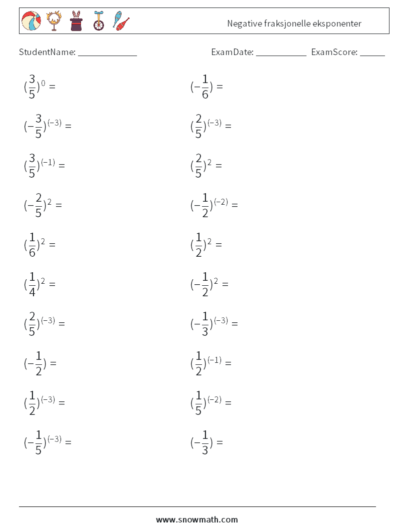 Negative fraksjonelle eksponenter MathWorksheets 4