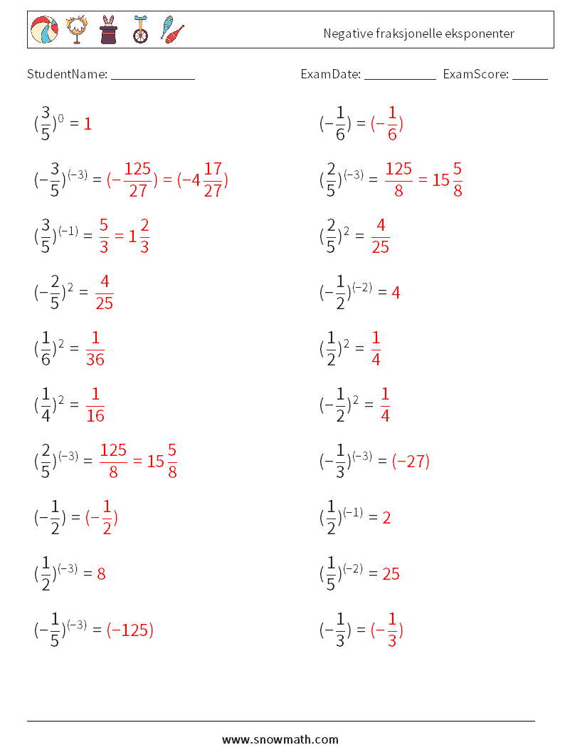 Negative fraksjonelle eksponenter MathWorksheets 4 QuestionAnswer