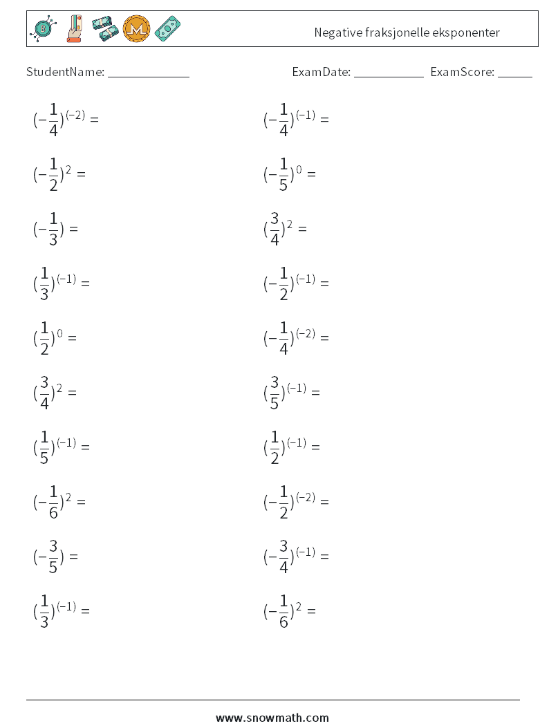 Negative fraksjonelle eksponenter MathWorksheets 7