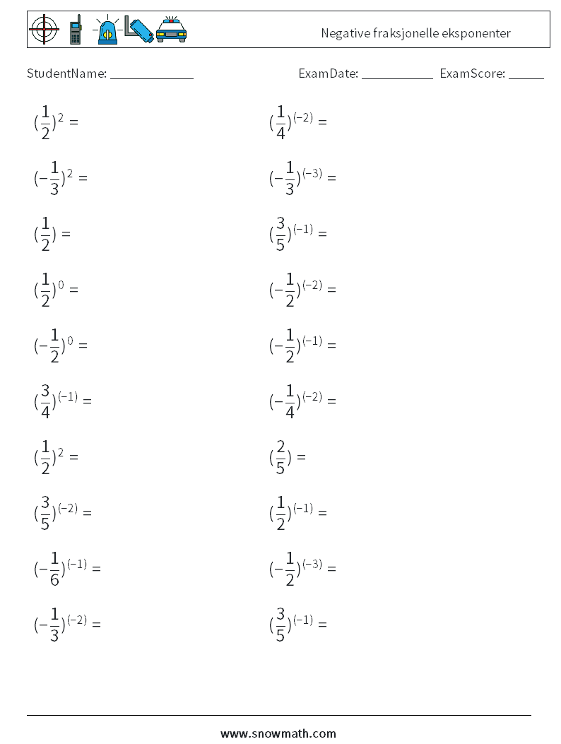 Negative fraksjonelle eksponenter MathWorksheets 8