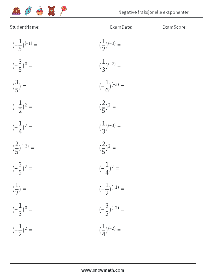 Negative fraksjonelle eksponenter MathWorksheets 9