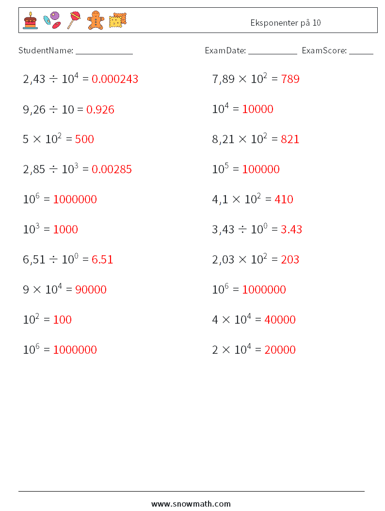 Eksponenter på 10 MathWorksheets 1 QuestionAnswer