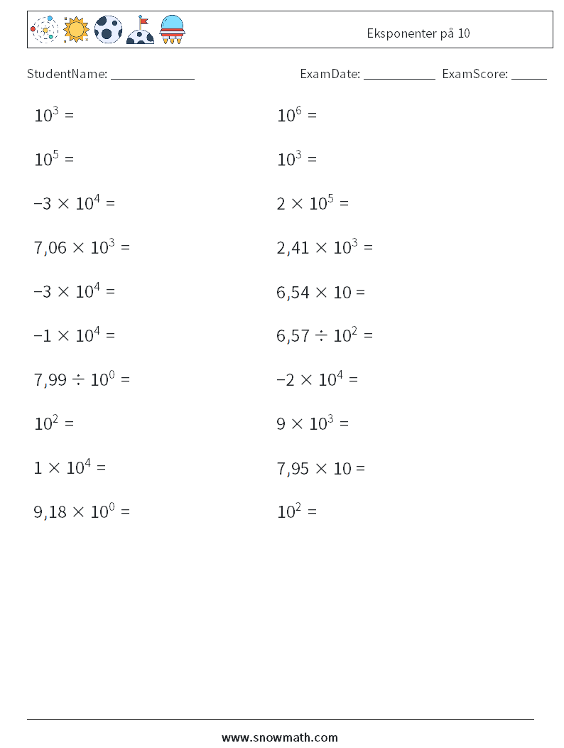 Eksponenter på 10 MathWorksheets 2