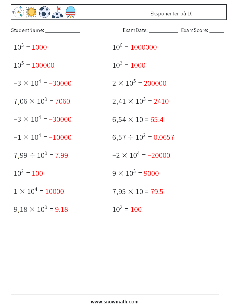 Eksponenter på 10 MathWorksheets 2 QuestionAnswer