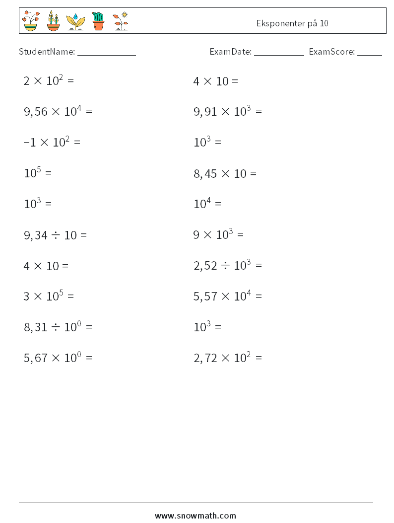 Eksponenter på 10 MathWorksheets 3