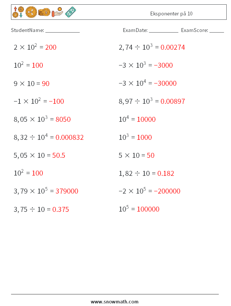 Eksponenter på 10 MathWorksheets 4 QuestionAnswer