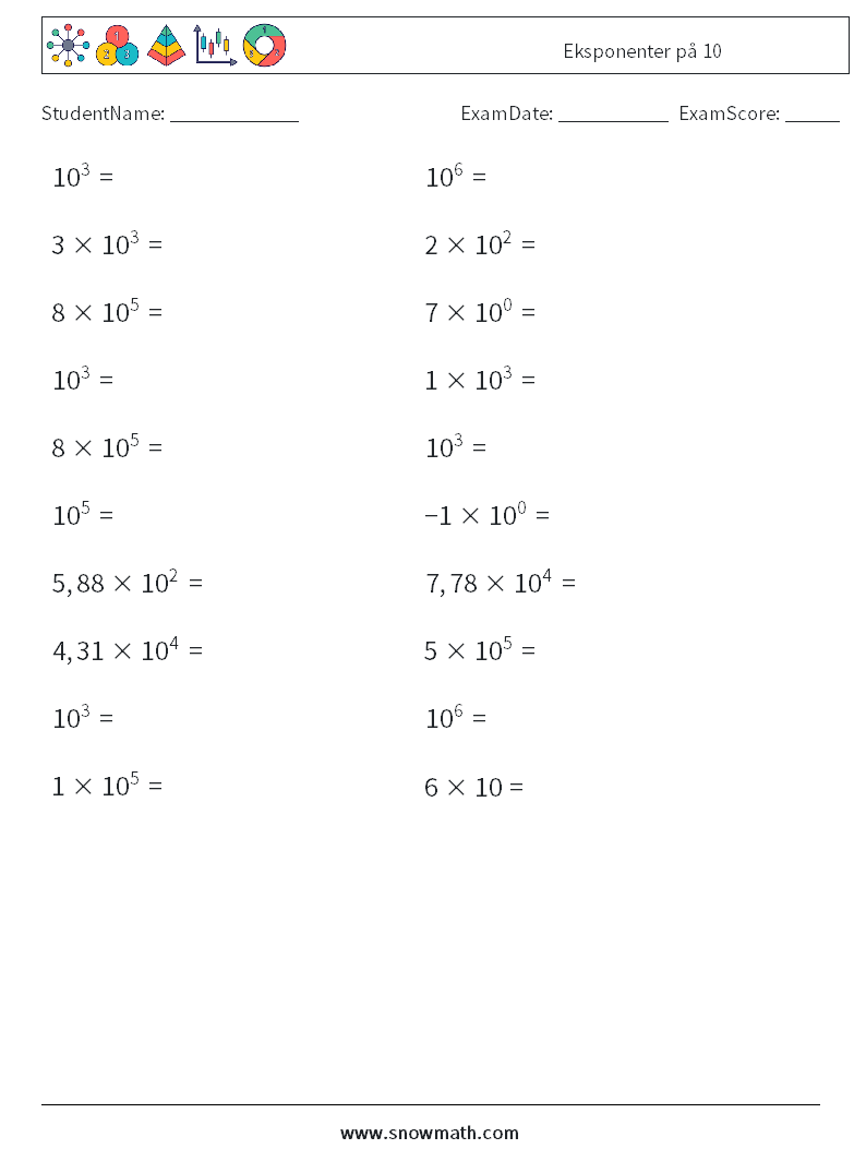 Eksponenter på 10 MathWorksheets 5