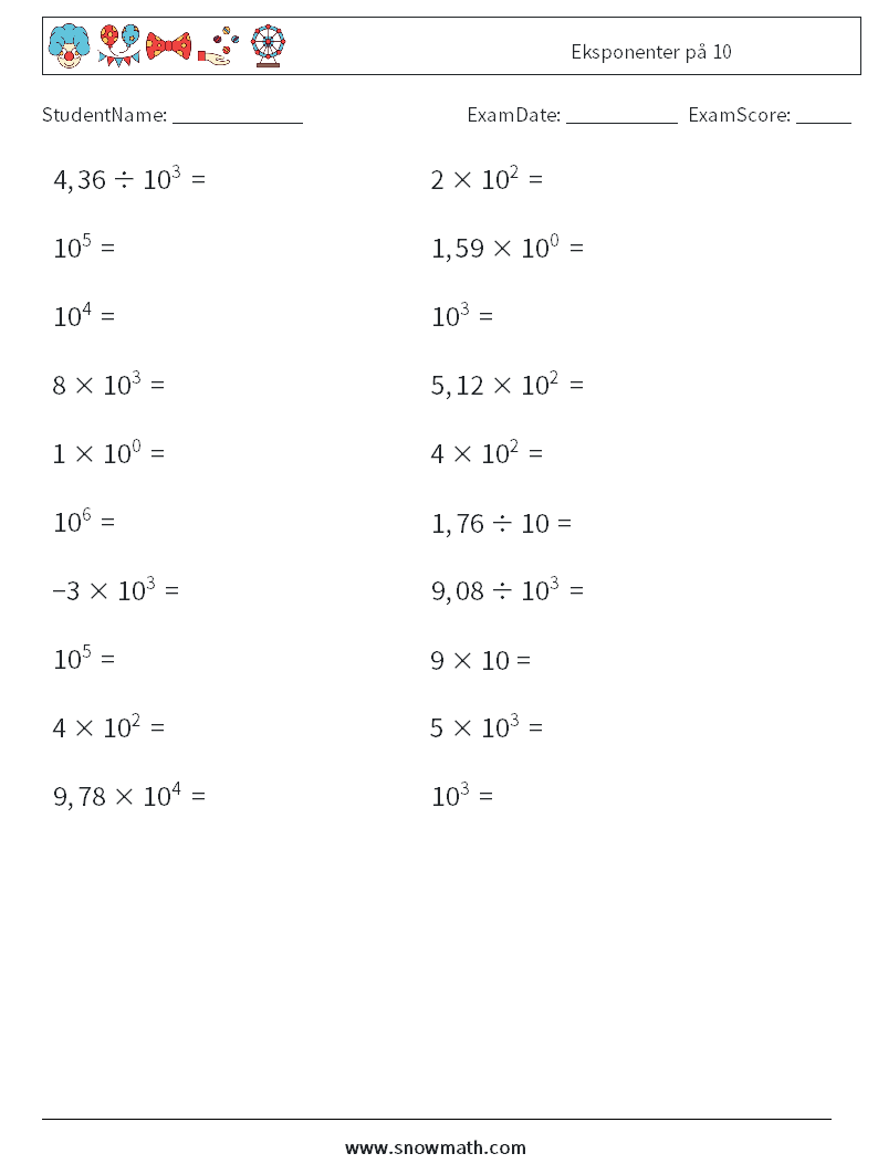 Eksponenter på 10 MathWorksheets 6