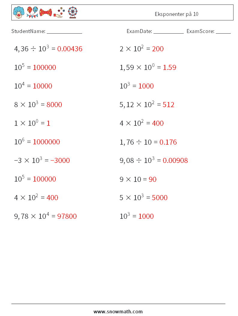 Eksponenter på 10 MathWorksheets 6 QuestionAnswer