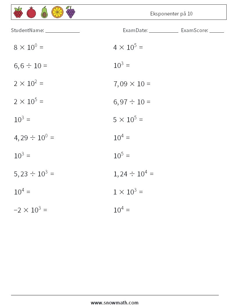 Eksponenter på 10 MathWorksheets 7