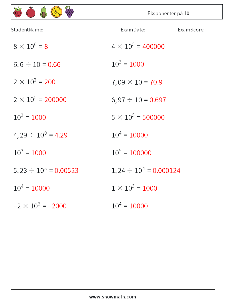 Eksponenter på 10 MathWorksheets 7 QuestionAnswer