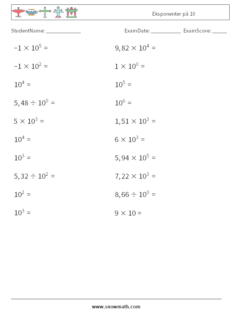 Eksponenter på 10 MathWorksheets 8