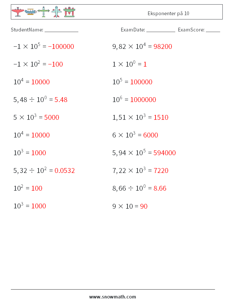 Eksponenter på 10 MathWorksheets 8 QuestionAnswer