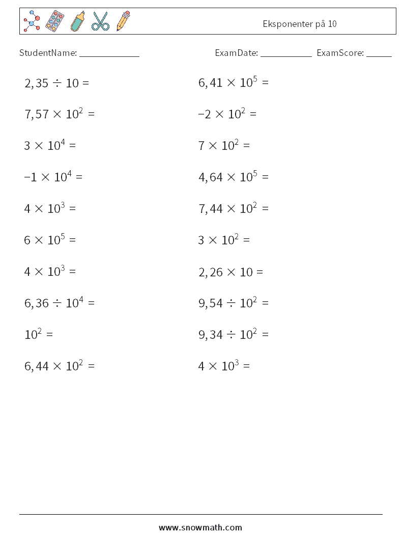 Eksponenter på 10 MathWorksheets 9