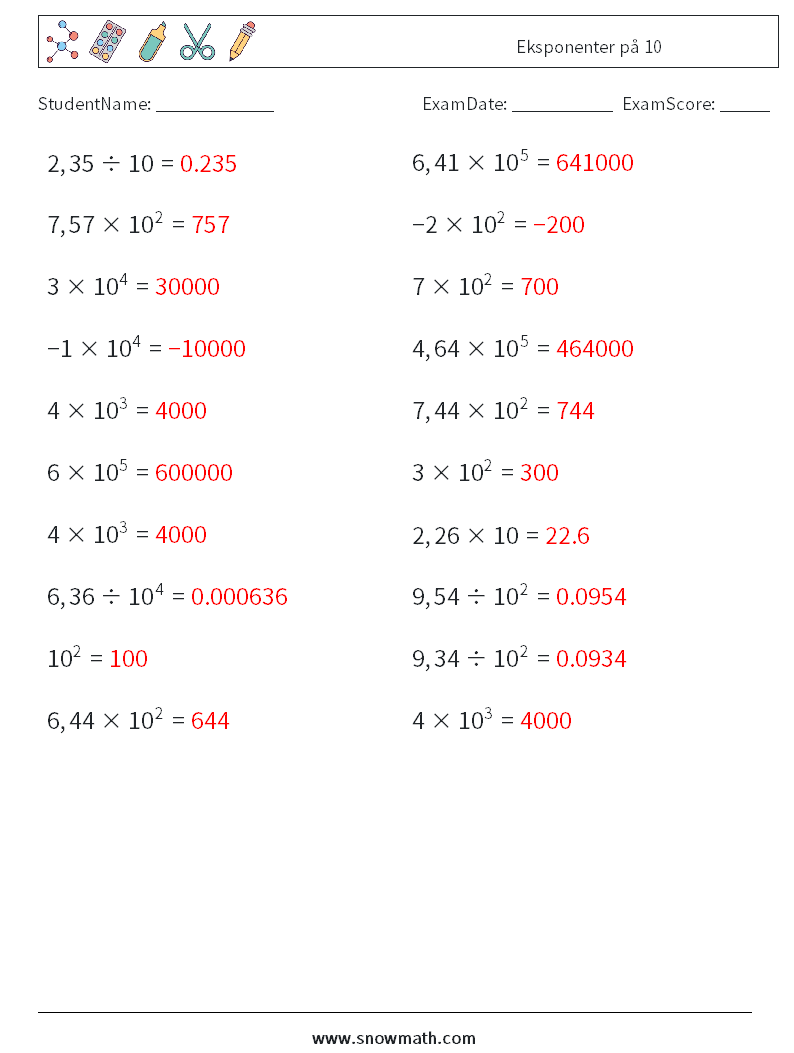 Eksponenter på 10 MathWorksheets 9 QuestionAnswer