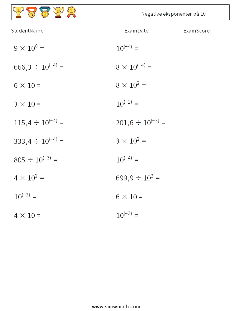 Negative eksponenter på 10 MathWorksheets 1