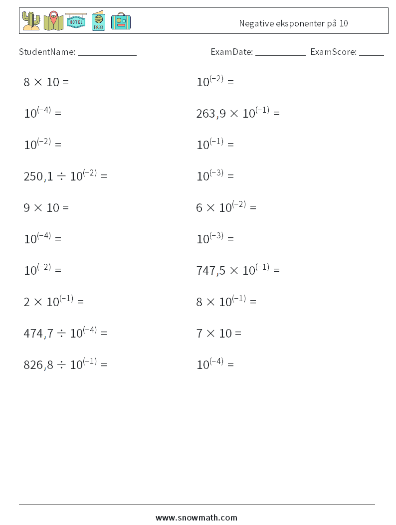 Negative eksponenter på 10 MathWorksheets 2