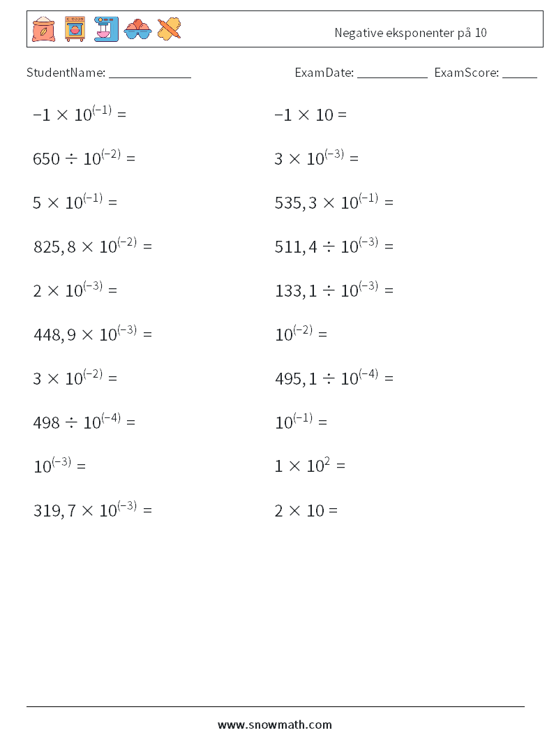 Negative eksponenter på 10 MathWorksheets 3