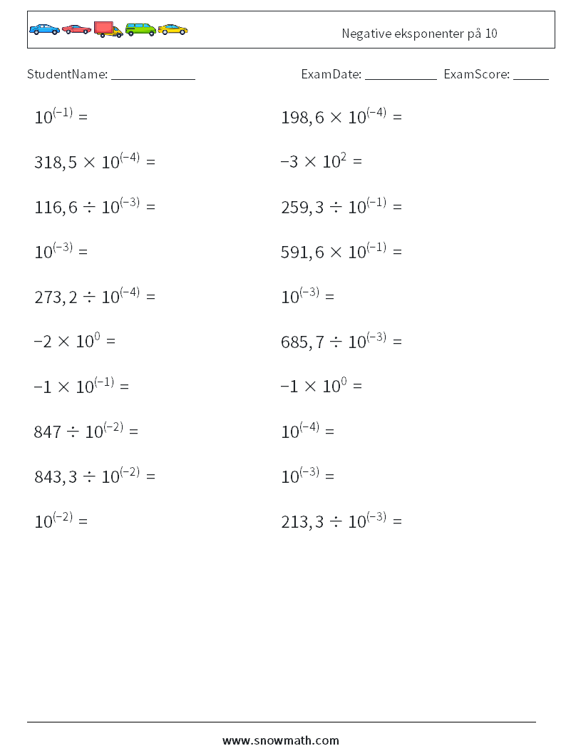 Negative eksponenter på 10 MathWorksheets 5