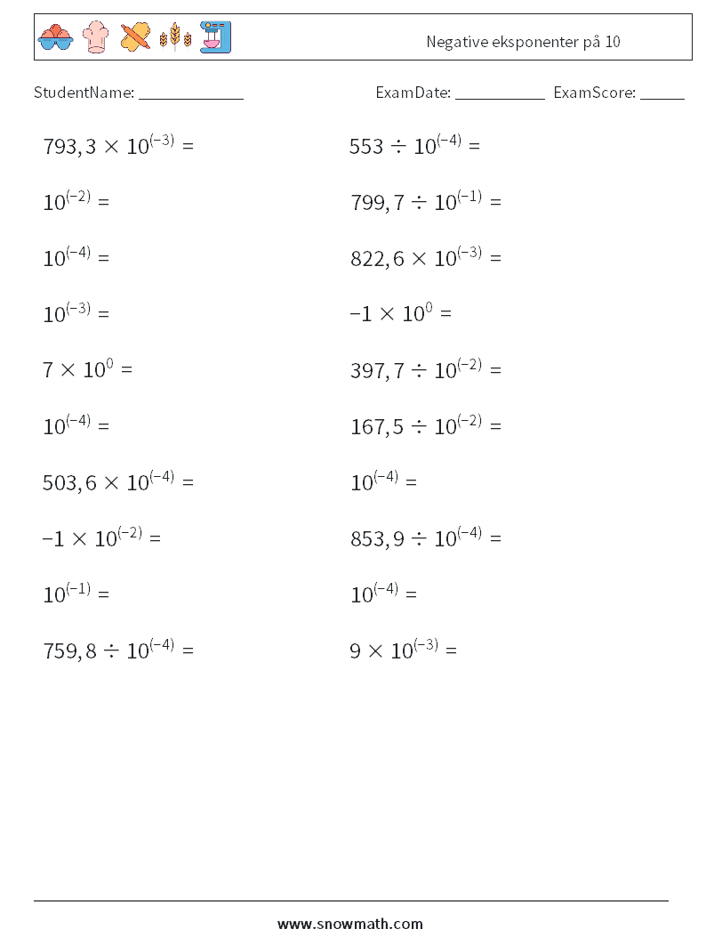 Negative eksponenter på 10 MathWorksheets 6