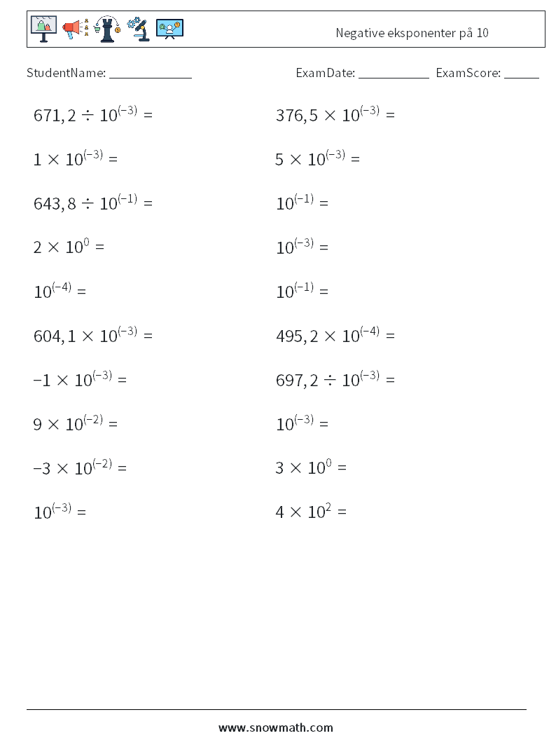 Negative eksponenter på 10 MathWorksheets 7