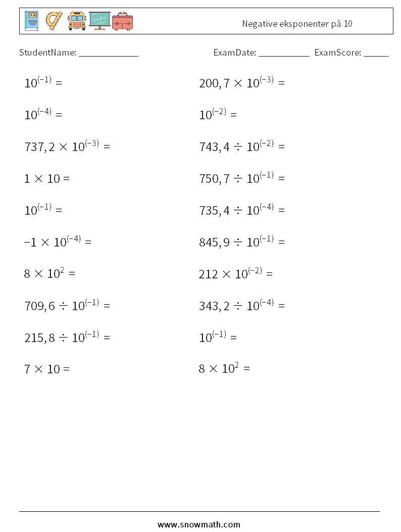 Negative eksponenter på 10 MathWorksheets 8