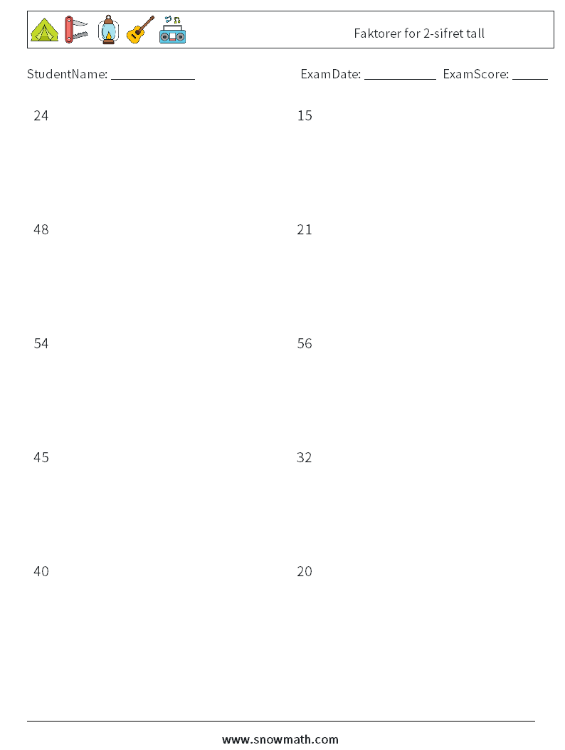 Faktorer for 2-sifret tall MathWorksheets 2