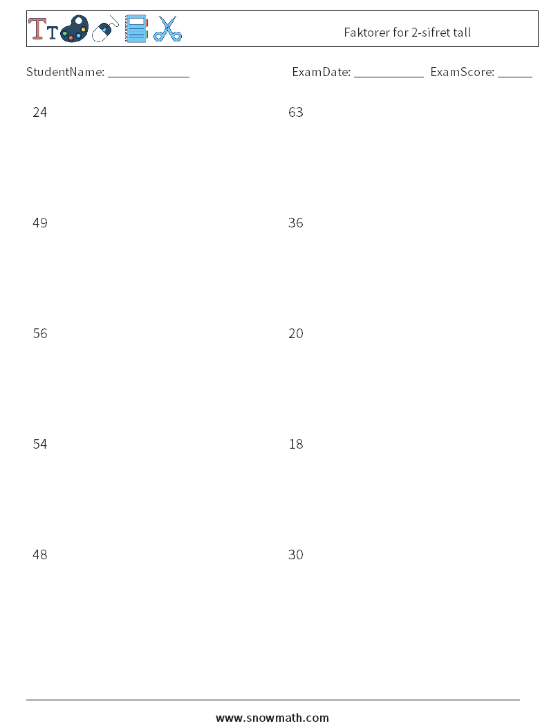 Faktorer for 2-sifret tall MathWorksheets 3