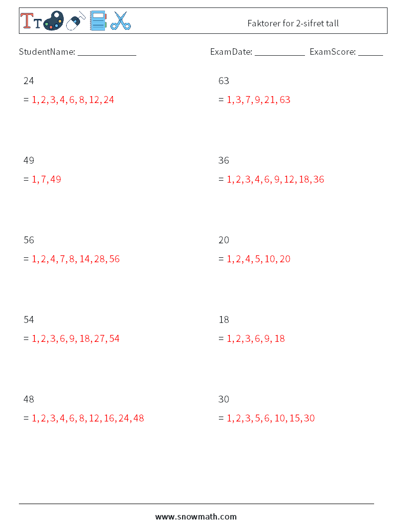 Faktorer for 2-sifret tall MathWorksheets 3 QuestionAnswer