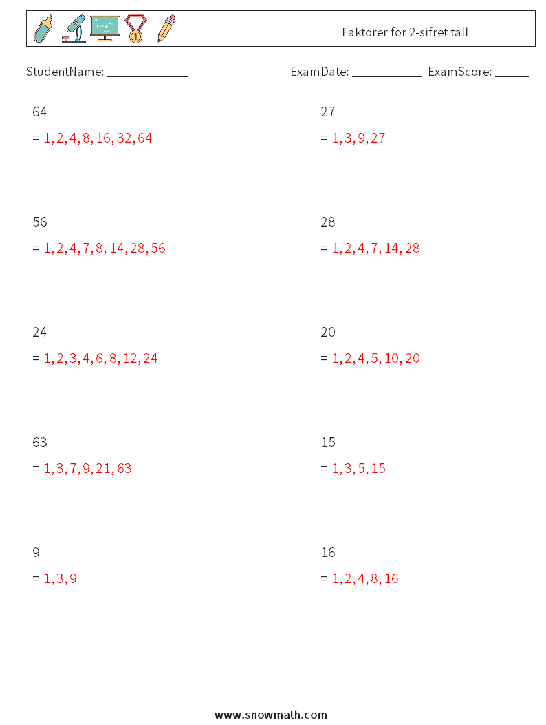 Faktorer for 2-sifret tall MathWorksheets 4 QuestionAnswer