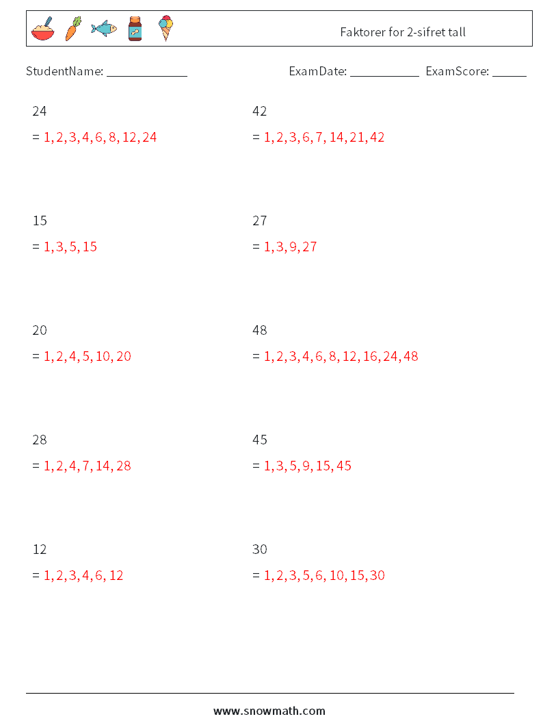 Faktorer for 2-sifret tall MathWorksheets 5 QuestionAnswer