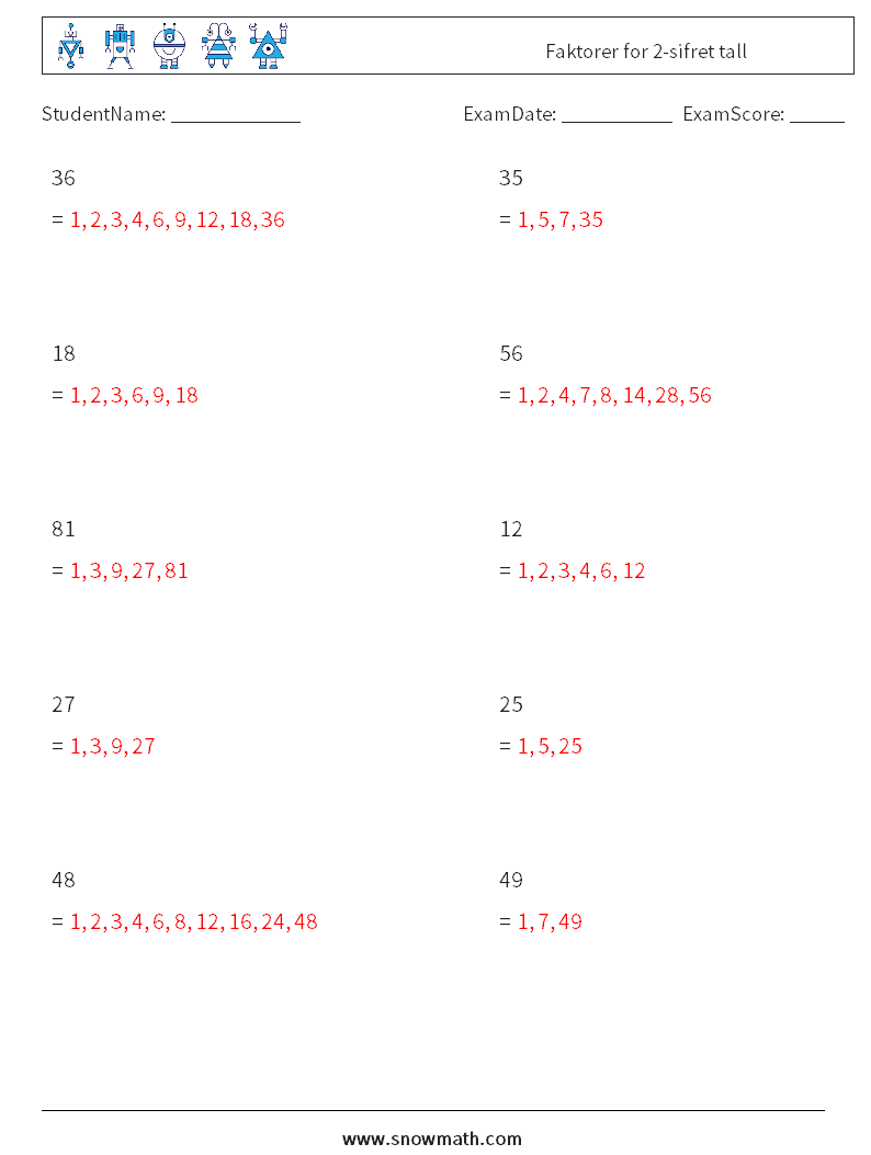 Faktorer for 2-sifret tall MathWorksheets 6 QuestionAnswer