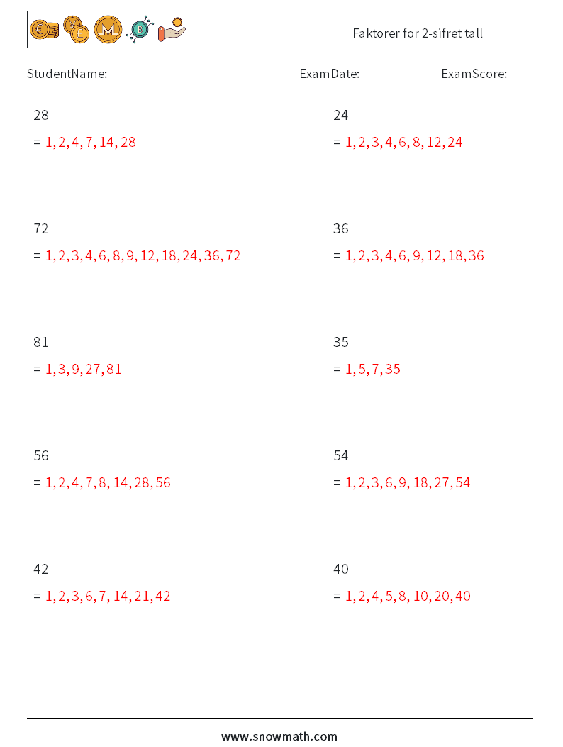 Faktorer for 2-sifret tall MathWorksheets 7 QuestionAnswer