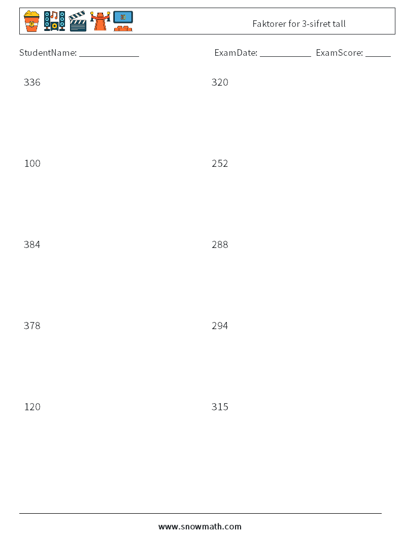 Faktorer for 3-sifret tall MathWorksheets 2